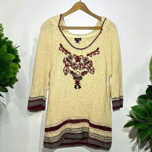 ANTHROPOLOGIE Lulumari Embroidered Boho Hooded Knit Longline Tunic Sweater